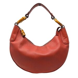 Gucci Vintage Bamboo Ring Half Moon Hobo Bag Pebbled Leather Orange